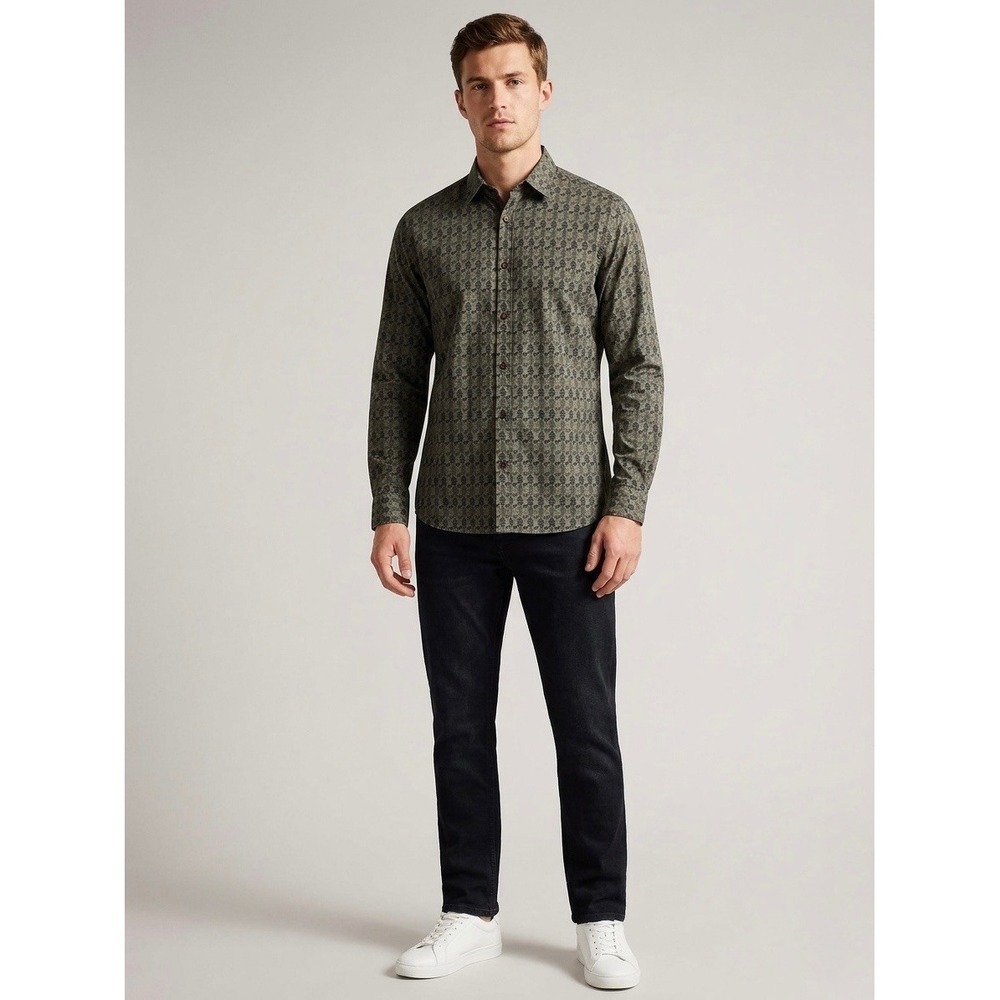 Ted Baker London Mens Olive Green Tree Print Button Up Shirt Size 6 XXL Long Slv